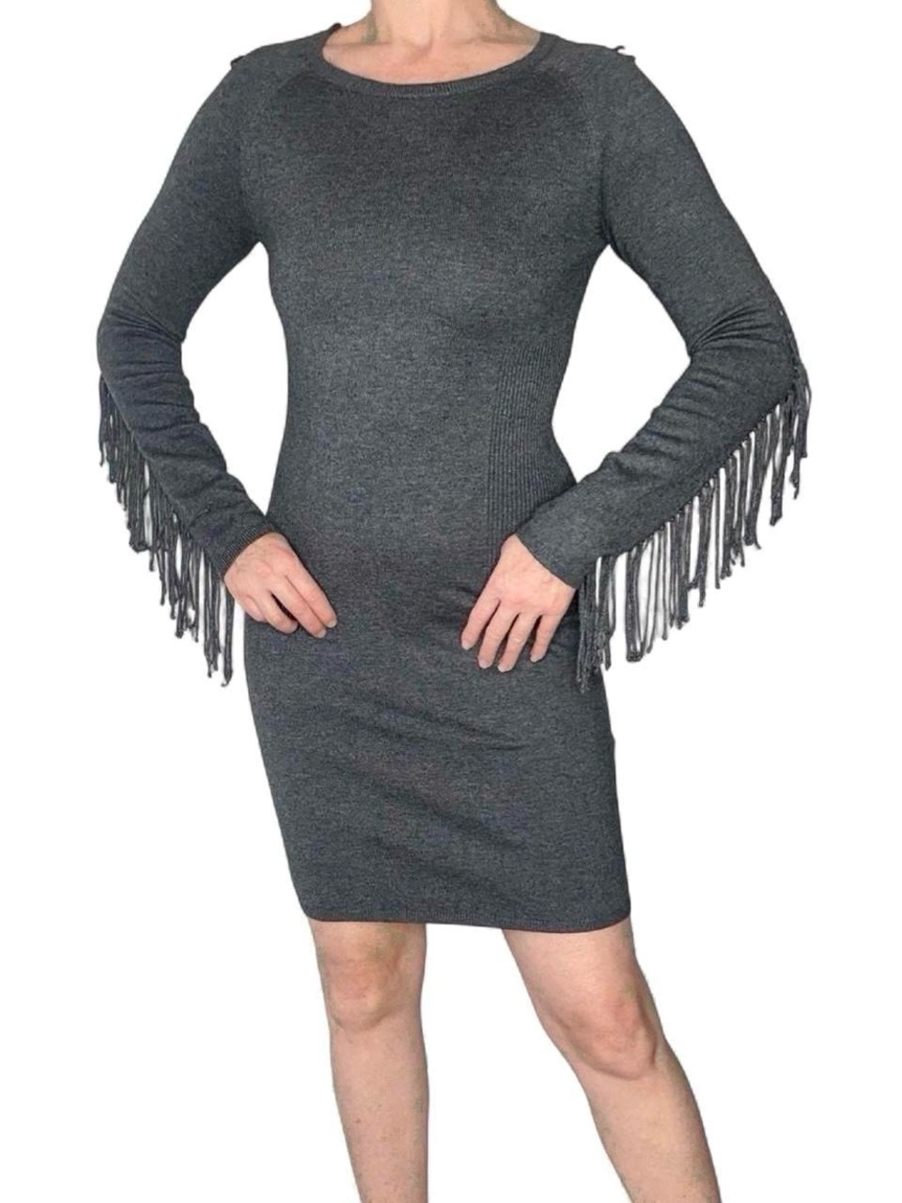 Yoana Baraschi Grey Fringe BodyCon Wool Mini Dress